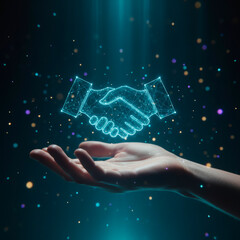 Holographic handshake symbolizing partnership and collaboration in virtual technology landscape