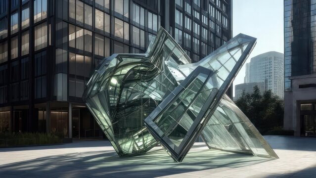 Modern cityscape featuring a twisted glass sculpture and high-rise buildings - Powered by Adobe