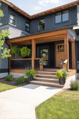 Fototapeta premium A contemporary home entrance featuring elegant landscaping and a welcoming porch, situated in a bright suburban neighborhood during the late spring season