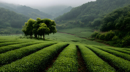 Tea plantation landscape with lush green tea plants and trees.