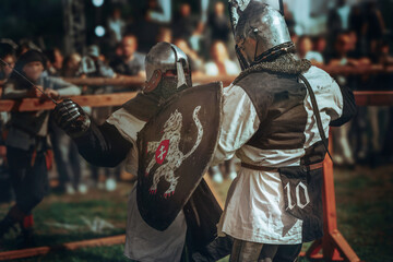 Medieval knight battle with swords and shields