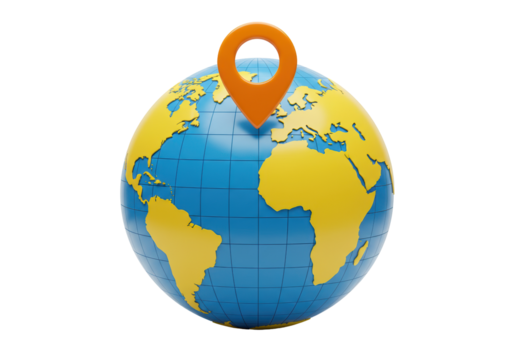 Globe with location pin isolated on transparent background, world map in blue and yellow PNG