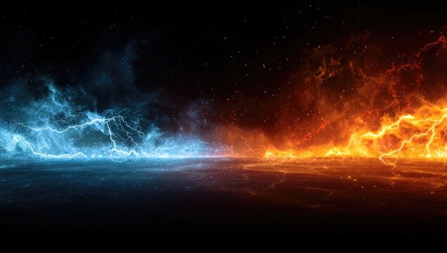 A fiery realm split down the middle by lightning, with a cool blue side and a hot orange side