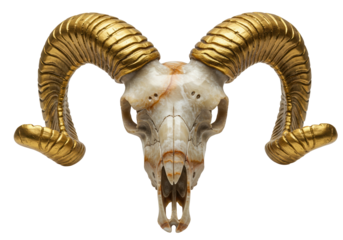 Ram skull with golden horns isolated on transparent background, animal skull for design use