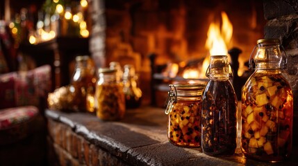 Brandied Fruit Jars Glowing Softly Beside a Warm Fireplace