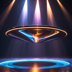"Futuristic Floating Disc-Shaped Structure Suspended Under Vibrant Stage Lights, Surrounded by Glowing Blue and Orange Rings on the Floor, Evoking the Appearance of a Hovering UFO, Symbolizing Advance
