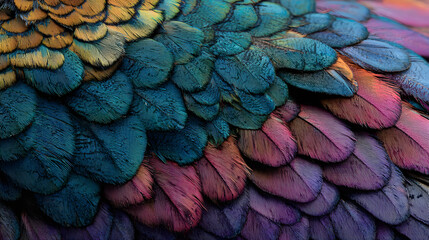 Close-up of vibrant bird feathers showcasing a spectrum of colors and textures.