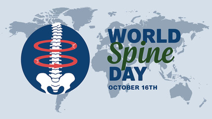 Vector art of world spine day illustration with a stylized spine graphic and a world map in the background, celebrating spinal health awareness