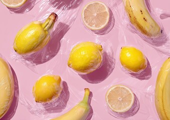 Yellow fruits, some cut, wrapped in clear plastic, arranged on a pink background