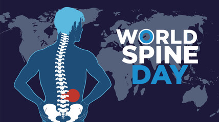 Vector art of world spine day illustration with a silhouette of a man showing his spine and a world map in the background