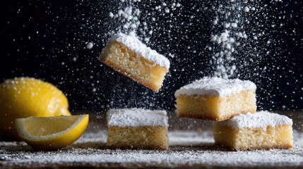 Cake slices with powdered sugar falling in artistic detail
