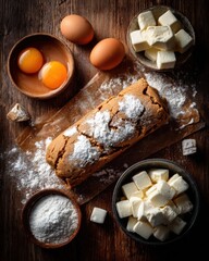 Cake Loaf and Baking Ingredients on Wood Surface