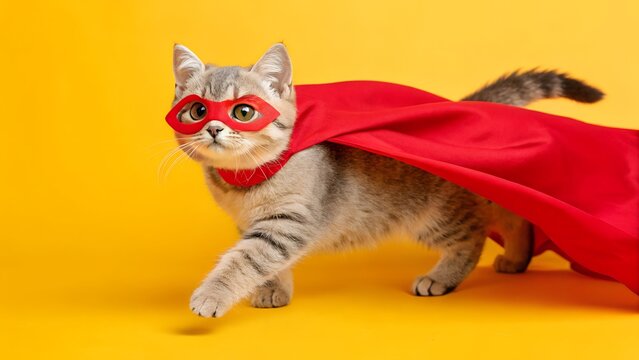 Over a vivid yellow setting. a cute superhero cat wearing a red cloak and mask is swooping and
