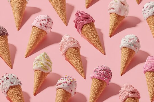 Pattern of colorful ice cream cones on a pink background. Cones are light to dark pink