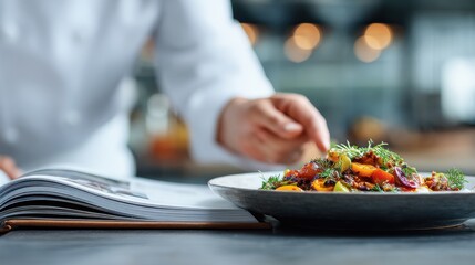 Chef Presenting Salad with Cookbook