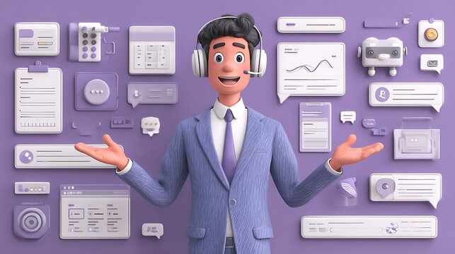 Friendly cartoon character in a suit and headset surrounded by various digital interface elements and icons on a purple background