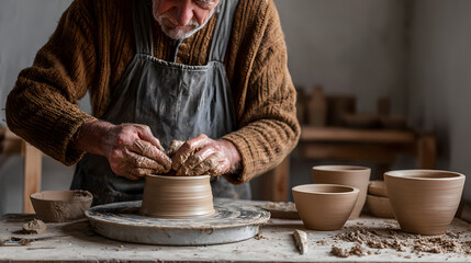 Potter shaping clay on a pottery wheel in his workshop