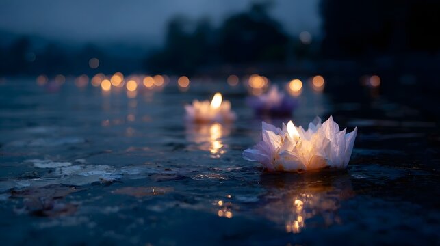 Beautifully crafted lotus shaped lanterns each with a lit candle float peacefully on dark water at twilight casting warm reflections
