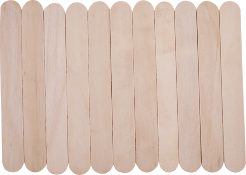 A close-up photo of a group of wooden popsicle sticks arranged vertically, looking simple, isolated on a transparent background