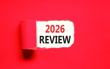 2026 Review symbol. Concept words 2026 Review on beautiful white paper. Beautiful red paper background. Business and 2026 review concept. Copy space.