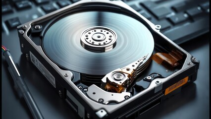 Open Hard Drive Disk with Platter and Read Write Head.