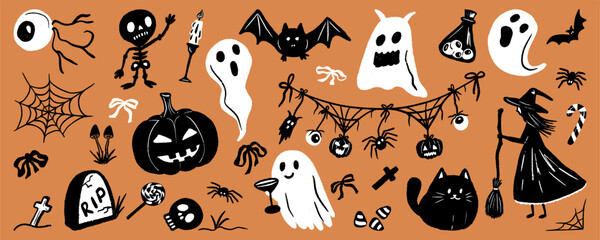 Halloween whimsical doodle icon. Cute crayon sketch of garland, ghost, pumpkin, witch and bat. Spooky charm silhouette illustration for party decoration. Set of chalk pencil vector sticker.
