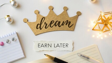 Crown cutout with Dream text and Earn Later message