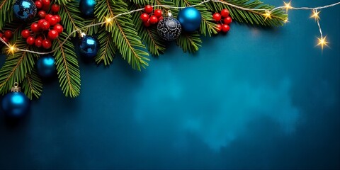 Festive holiday with vibrant decorations, including evergreen branches, red berries, and blue decorations, on a blue background, an empty text space