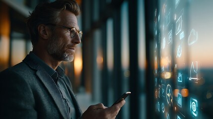 Man in a suit looking at a digital interface projected on a window at sunset symbolizing technology and business