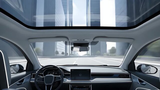 View from inside a modern car looking out through the sunroof at a city street