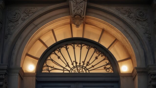 Ornate arched doorway with fan-shaped glass, lit from within, stone carvings