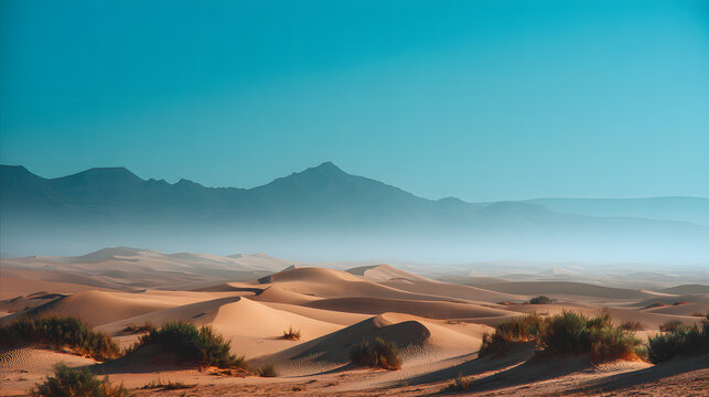Desert landscape with sand dunes and mountains under a clear blue sky. - Powered by Adobe