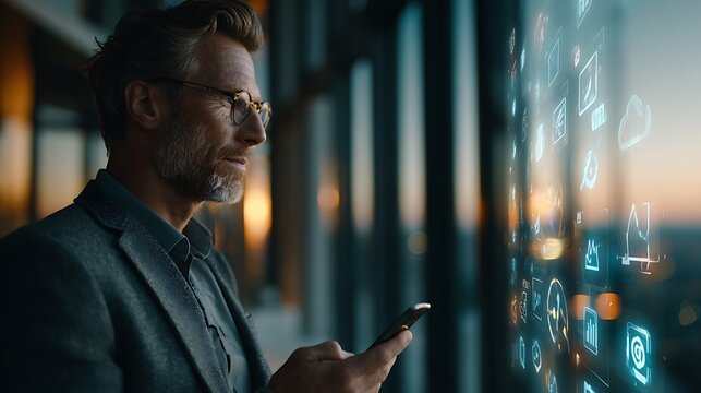 Man in a suit looking at a digital interface projected on a window at sunset symbolizing technology and business
