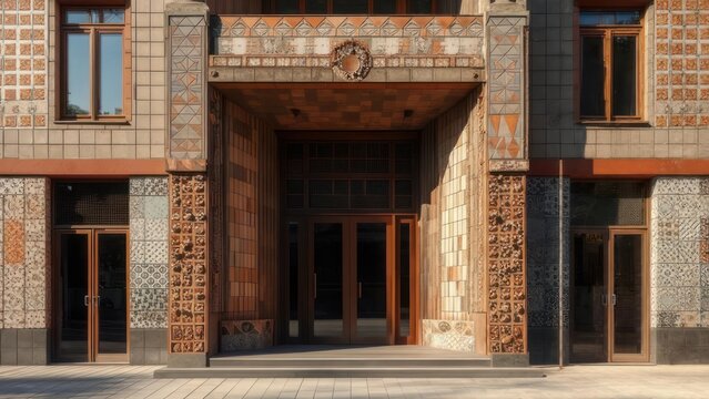 Ornate building entrance with multiple doors, intricate tilework, and architectural details