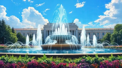 Ornate fountain sprays water in front of a classical building under a sunny blue sky