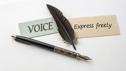 Feather pen and cards expressing voice and free expression