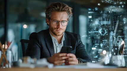 Focused businessman in glasses intently using his smartphone surrounded by glowing digital data visualizations at night