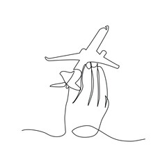 Continuous line of hand holding airplane air craft aero modeling toy miniature. Single line sketch drawing editable stroke of jet plane aero modeling remote control. Vector illustration