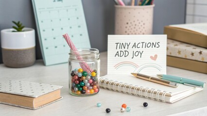 Glass jar half filled with colorful beads and a straw