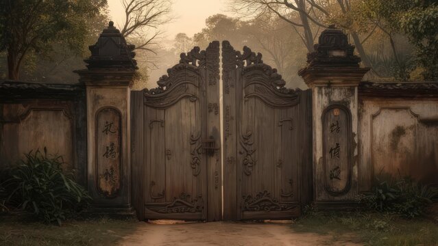 Ornate, weathered wooden gate and walls, leading to a mysterious path in a misty, wooded area