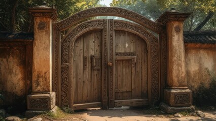Fototapeta premium Ornate wooden gate with carved details set in a stone wall, framed by pillars, leading to foliage