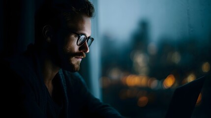 Dedicated entrepreneur working late on laptop with city skyline outside window