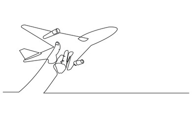 Continuous line of hand holding airplane air craft aero modeling toy miniature. Single line sketch drawing editable stroke of jet plane aero modeling remote control. Vector illustration