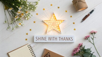 Overhead View of Star Light, Flowers, and Office Supplies