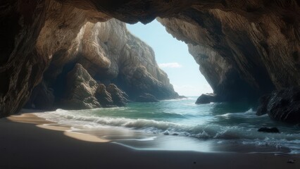 Obraz premium Coastal cave opening onto a tranquil beach and ocean