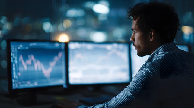 Focused businessman reviews financial data on multiple glowing computer monitors in a modern office at night