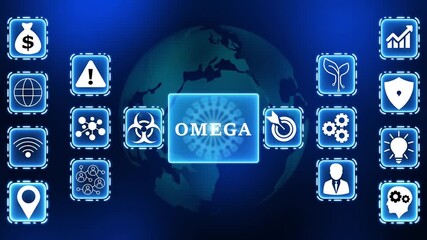 Omega virus global threat concept digital icons surrounding earth with financial growth warning biohazard and network connections - Powered by Adobe