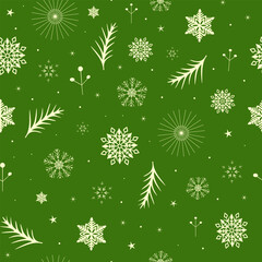 Seamless pattern with snowflakes and branches green background. Festive winter Scandinavian style. Cute background for winter holiday. Vector flat design for textiles, fabrics, decor, covers, wrapping