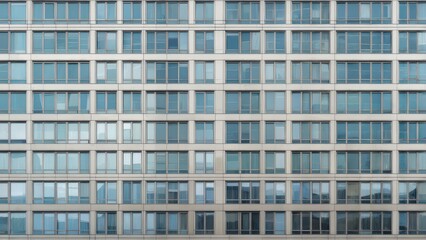 Repeating grid of windows on a modern building facade, reflecting a cloudy sky
