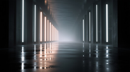 Naklejka premium Futuristic data center corridor illuminated by glowing vertical light panels in near darkness
